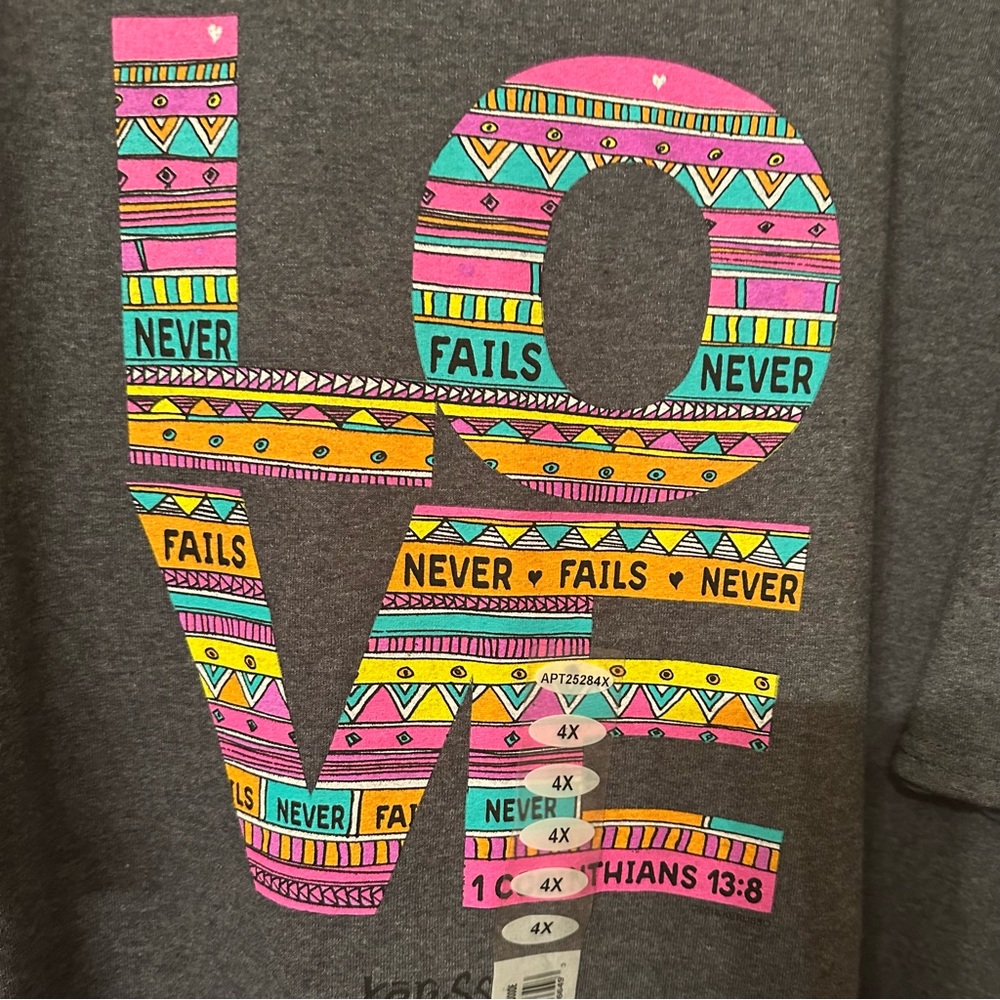 Kerusso Love Never Fails Christian Bible Gray Cotton T-Shirt 4XL Unisex New - Picture 4 of 8